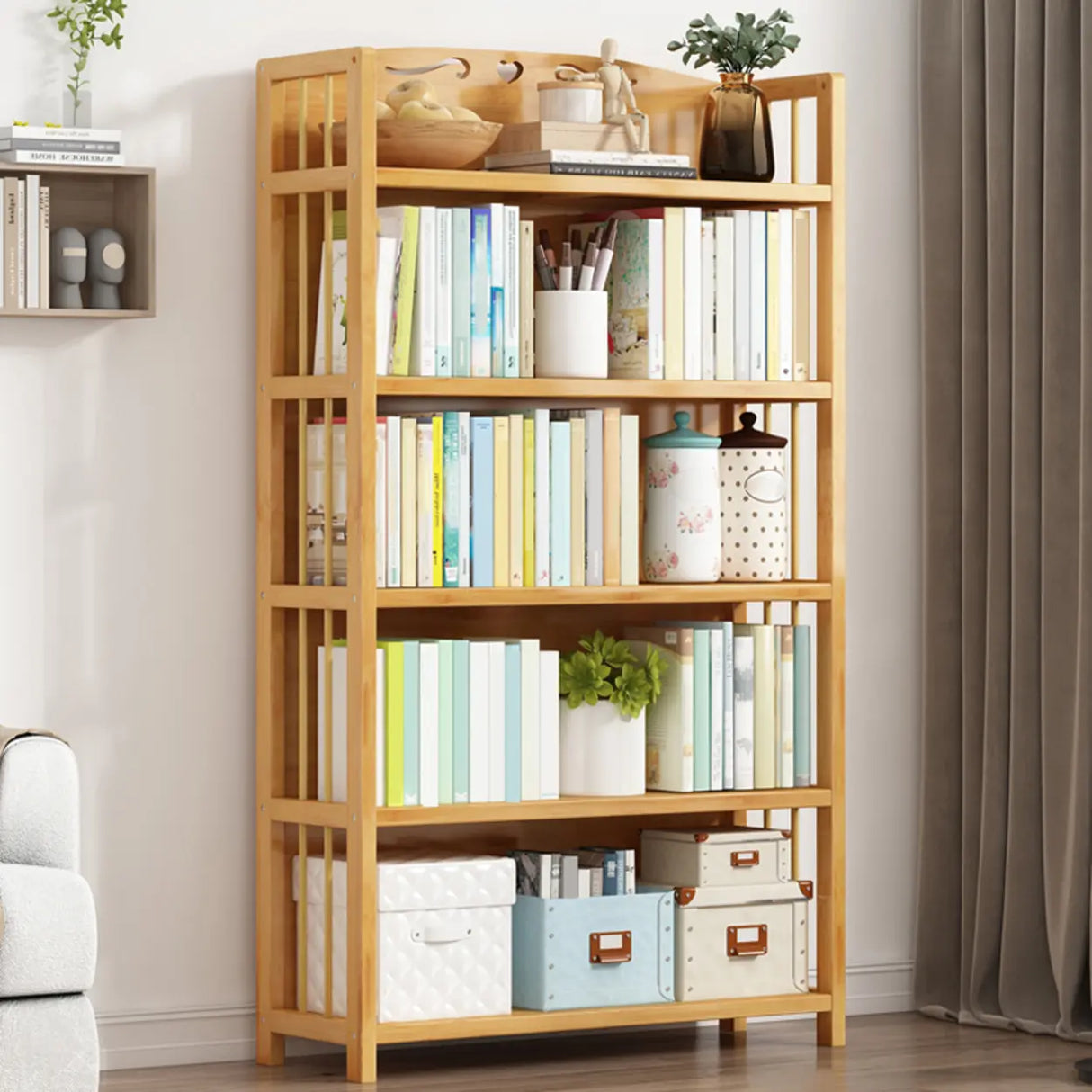 Bamboo Rustic Adjustable Shelves Wood Vertical Bookcase Image - 1