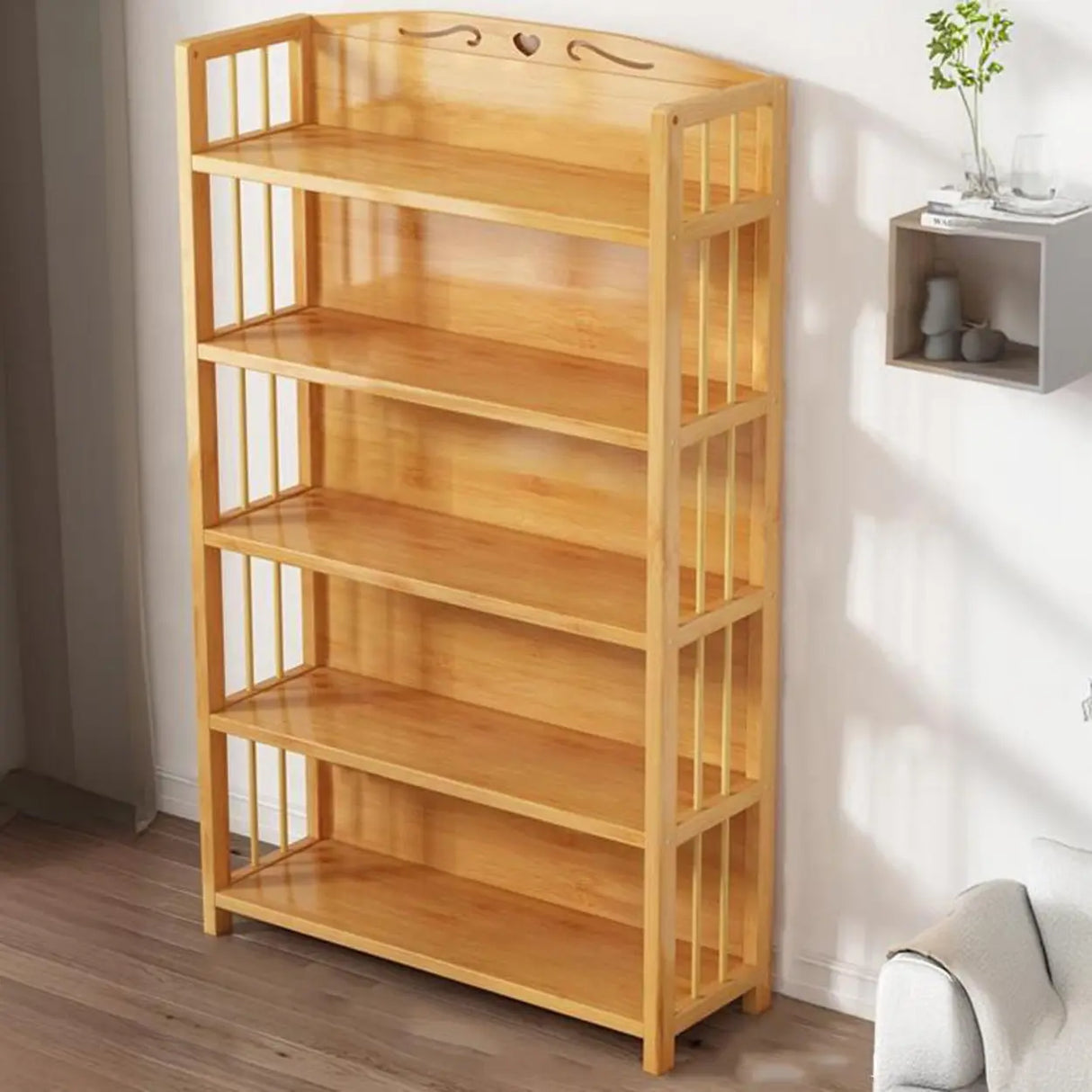 Bamboo Rustic Adjustable Shelves Wood Vertical Bookcase Image - 13