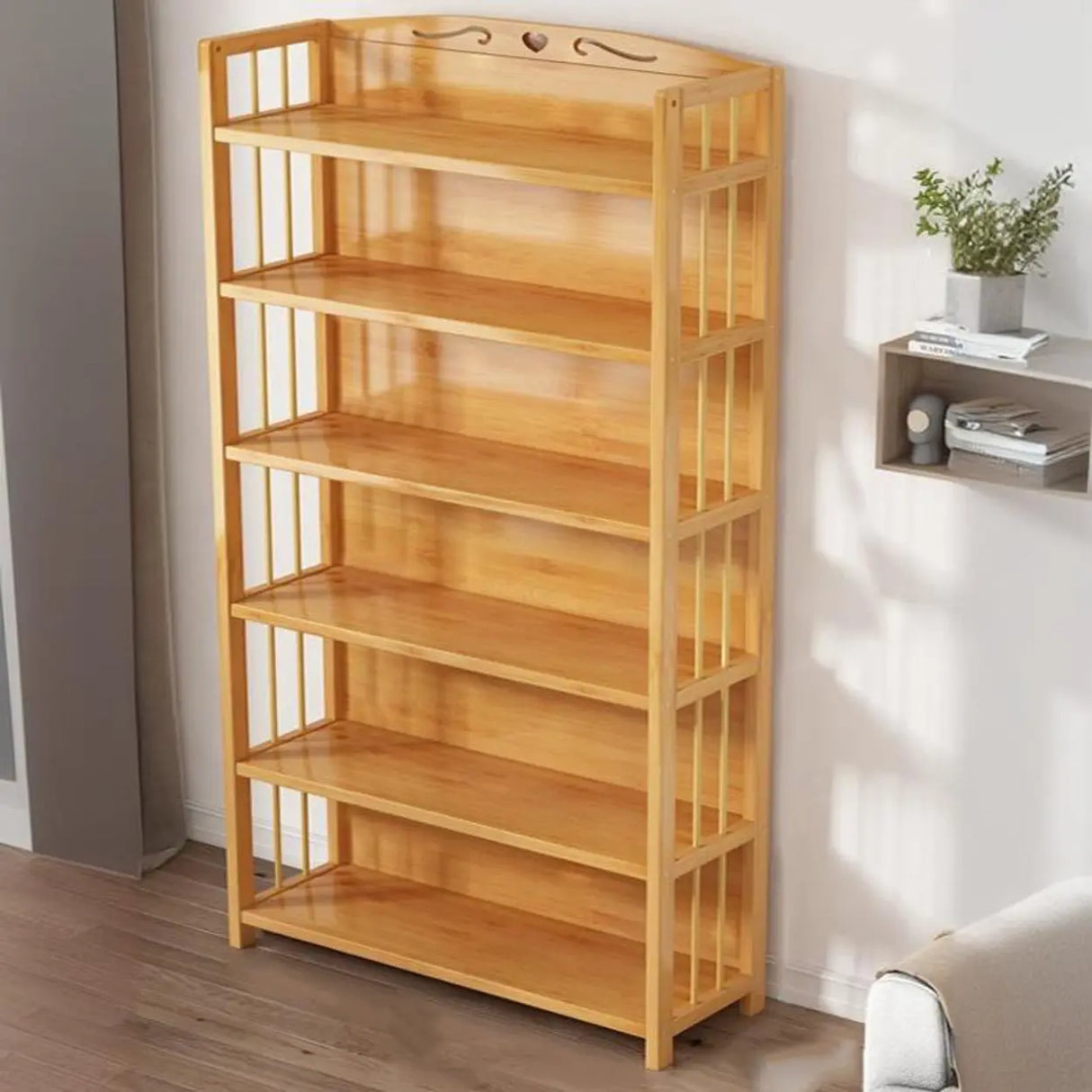 Bamboo Rustic Adjustable Shelves Wood Vertical Bookcase Image - 15