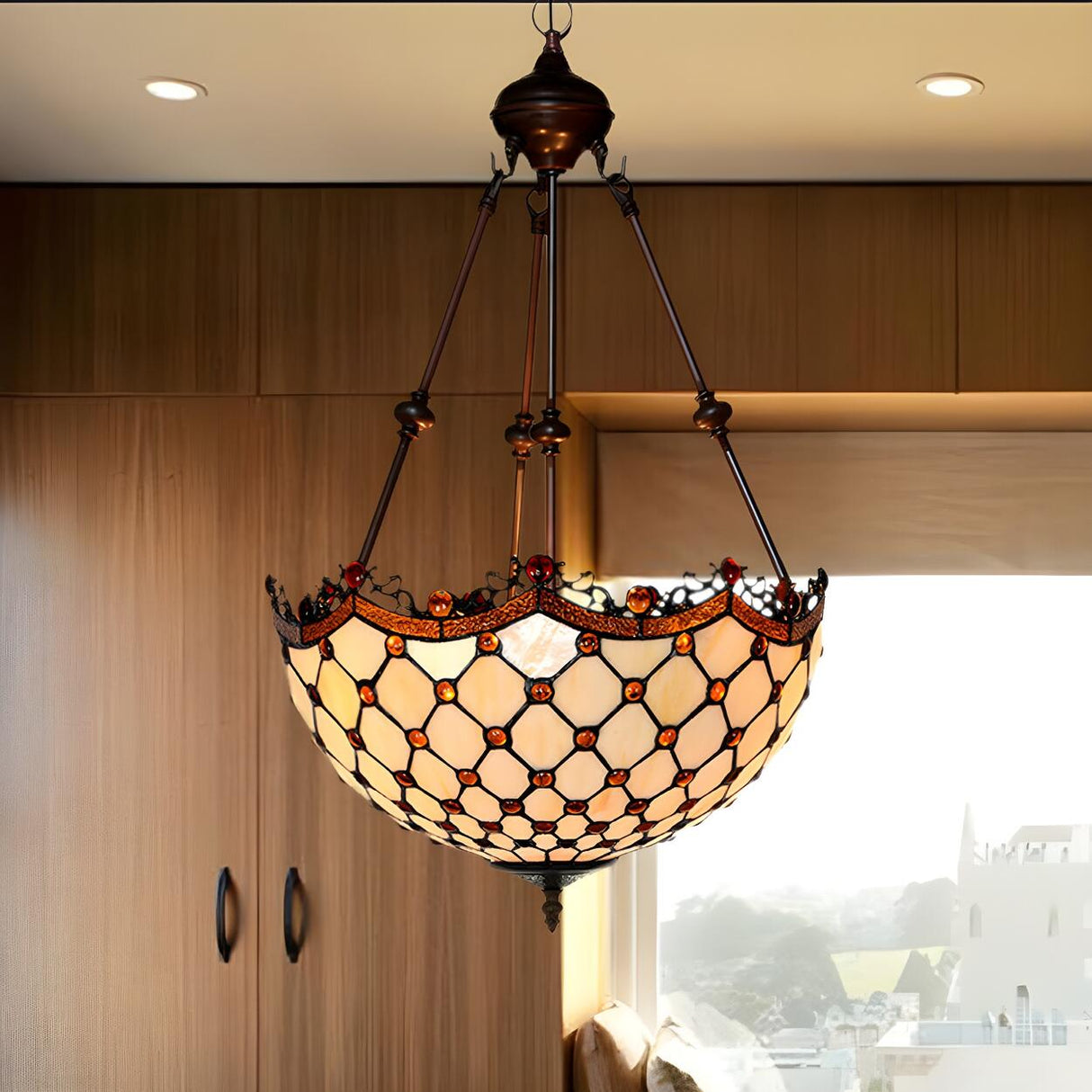 Baroque Vintage Bronze Amber Stained Glass Dome Chandelier Image - 6