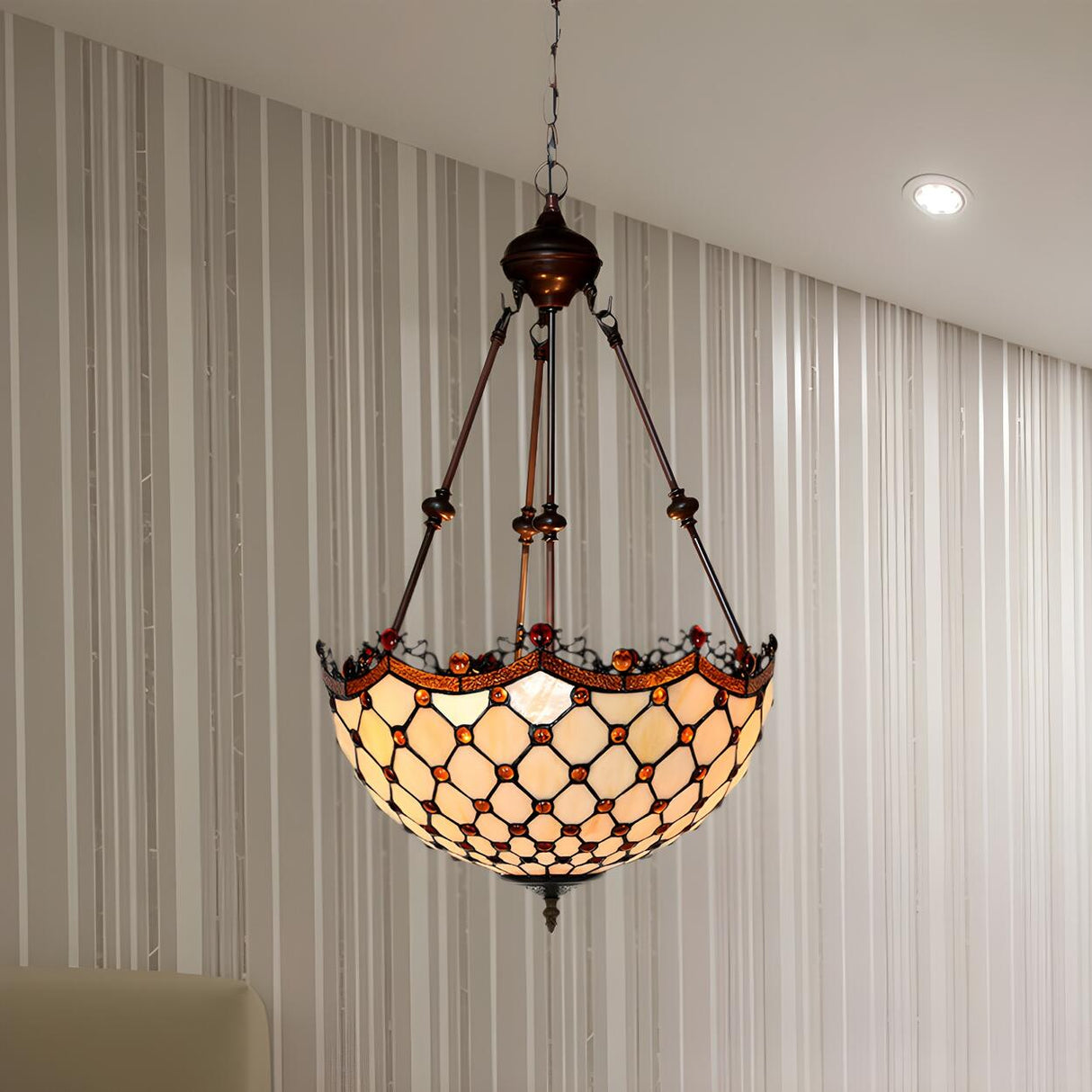 Baroque Vintage Bronze Amber Stained Glass Dome Chandelier Image - 7