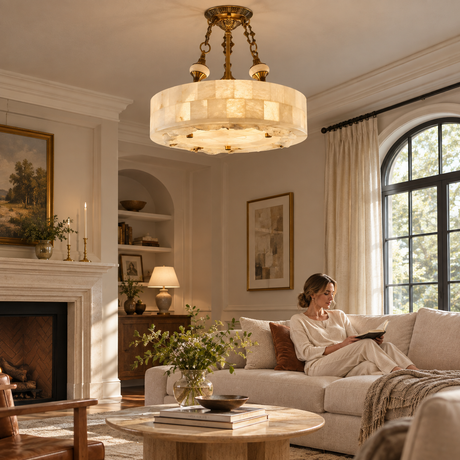 Vintage Circular Alabaster Gold Pendant Light Chandelier