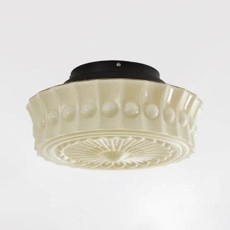 Bedroom Beige Drum White Glass Flush Mount Ceiling Lamp Image - 2