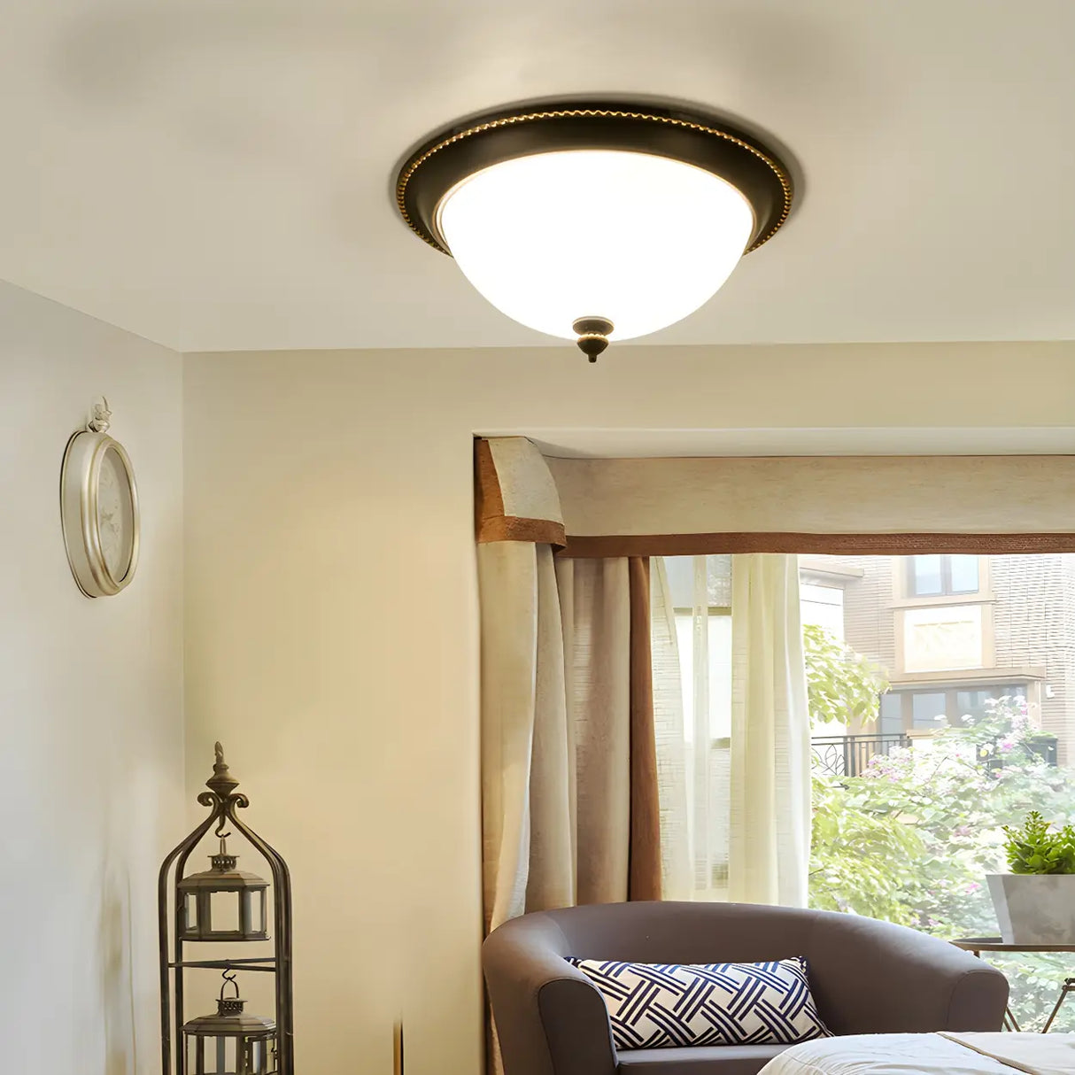 Bedroom Black Bowl-Shaped Glass Flush Mount Light Image - 6