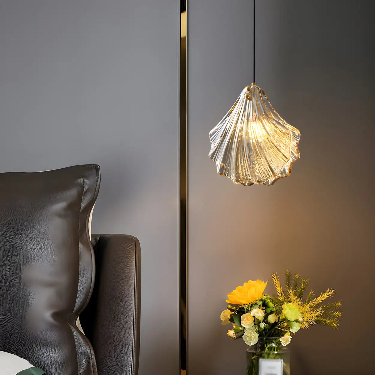 Bedroom Elegant Brass Clear Glass Shell Pendant Light Image - 2