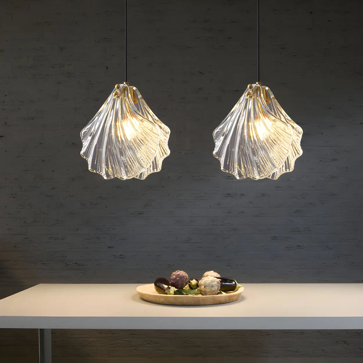 Bedroom Elegant Brass Clear Glass Shell Pendant Light Image - 4