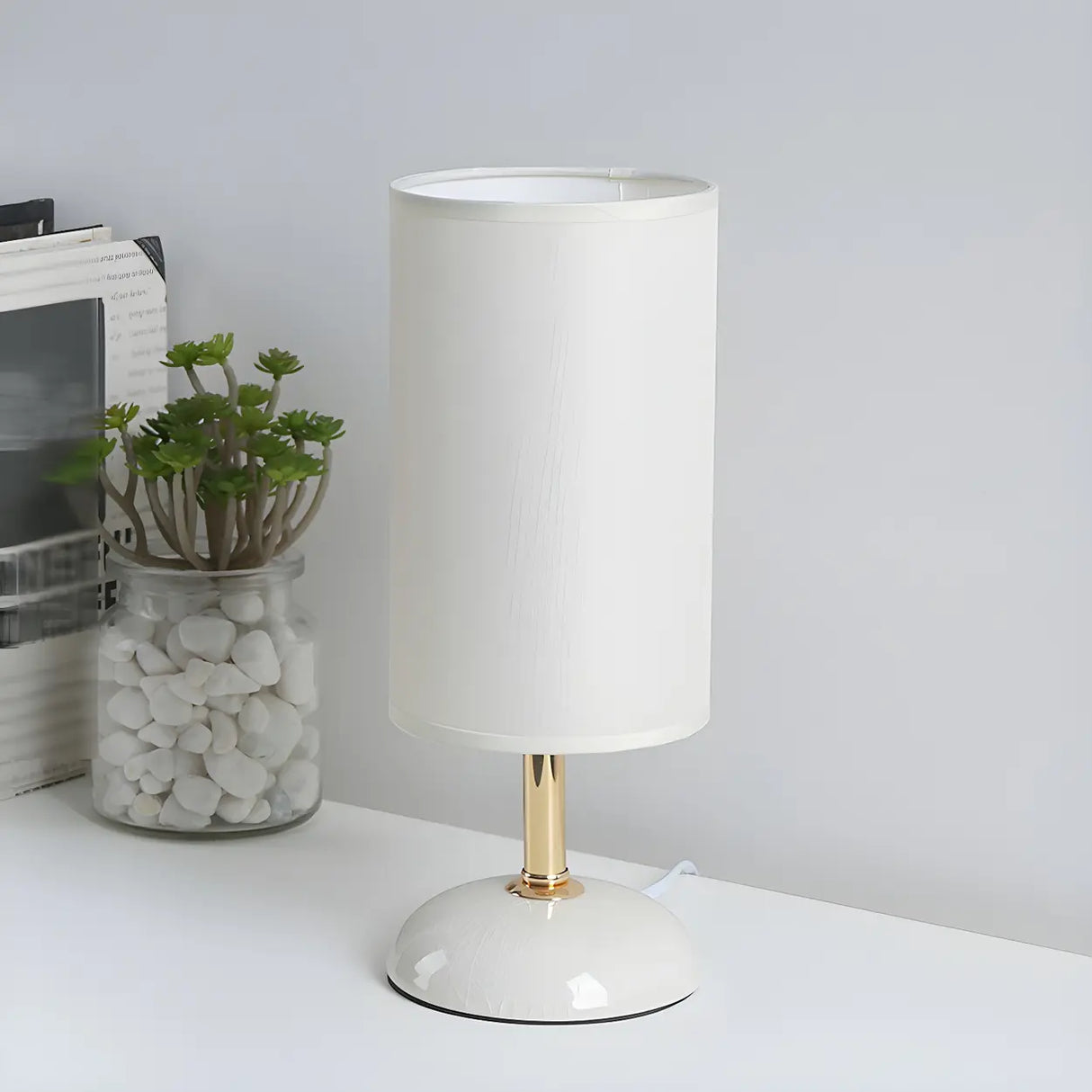Bedroom Elegant Cylinder Fabric Green Base Table Lamp Image - 9