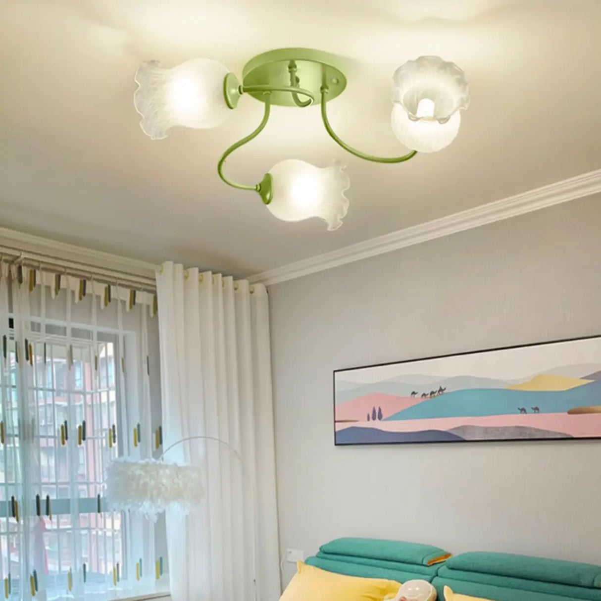Bedroom Glass Flower Semi-Flush Mount Light 3-Light Image - 10
