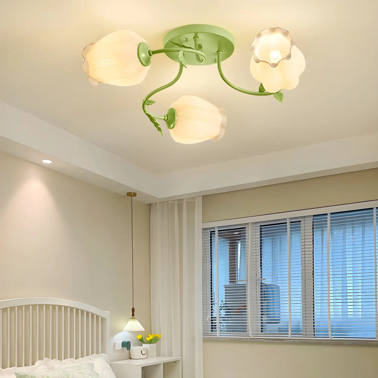 Bedroom Glass Flower Semi-Flush Mount Light 3-Light Image - 3
