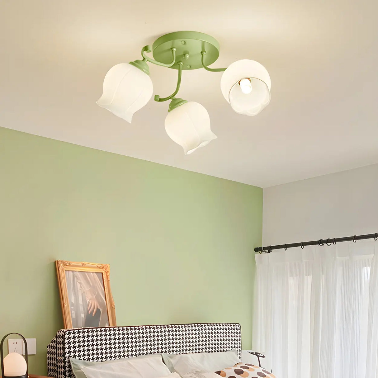 Bedroom Glass Flower Semi-Flush Mount Light 3-Light Image - 4