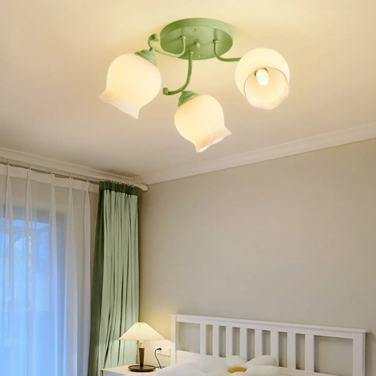 Bedroom Glass Flower Semi-Flush Mount Light 3-Light Image - 9