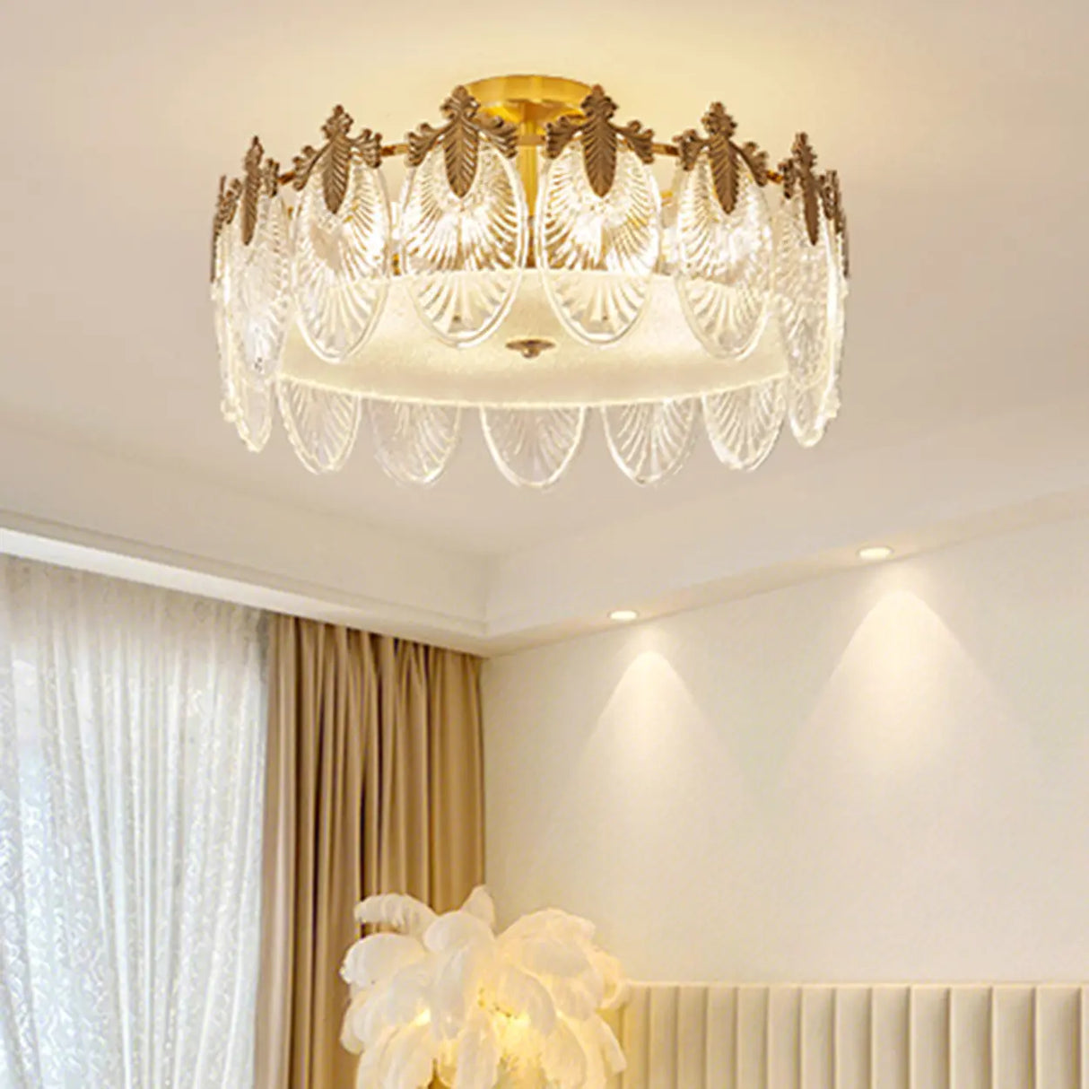 Bedroom Glass Leaf Gold Semi-Flush Mount Ceiling Light Image - 1