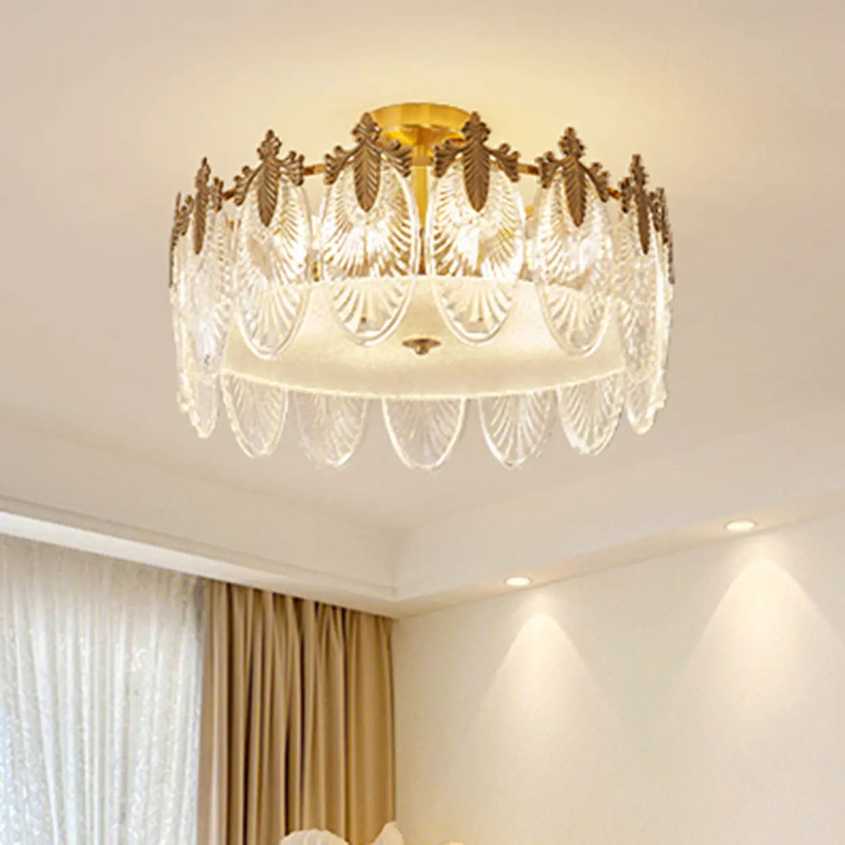 Bedroom Glass Leaf Gold Semi-Flush Mount Ceiling Light Image - 2