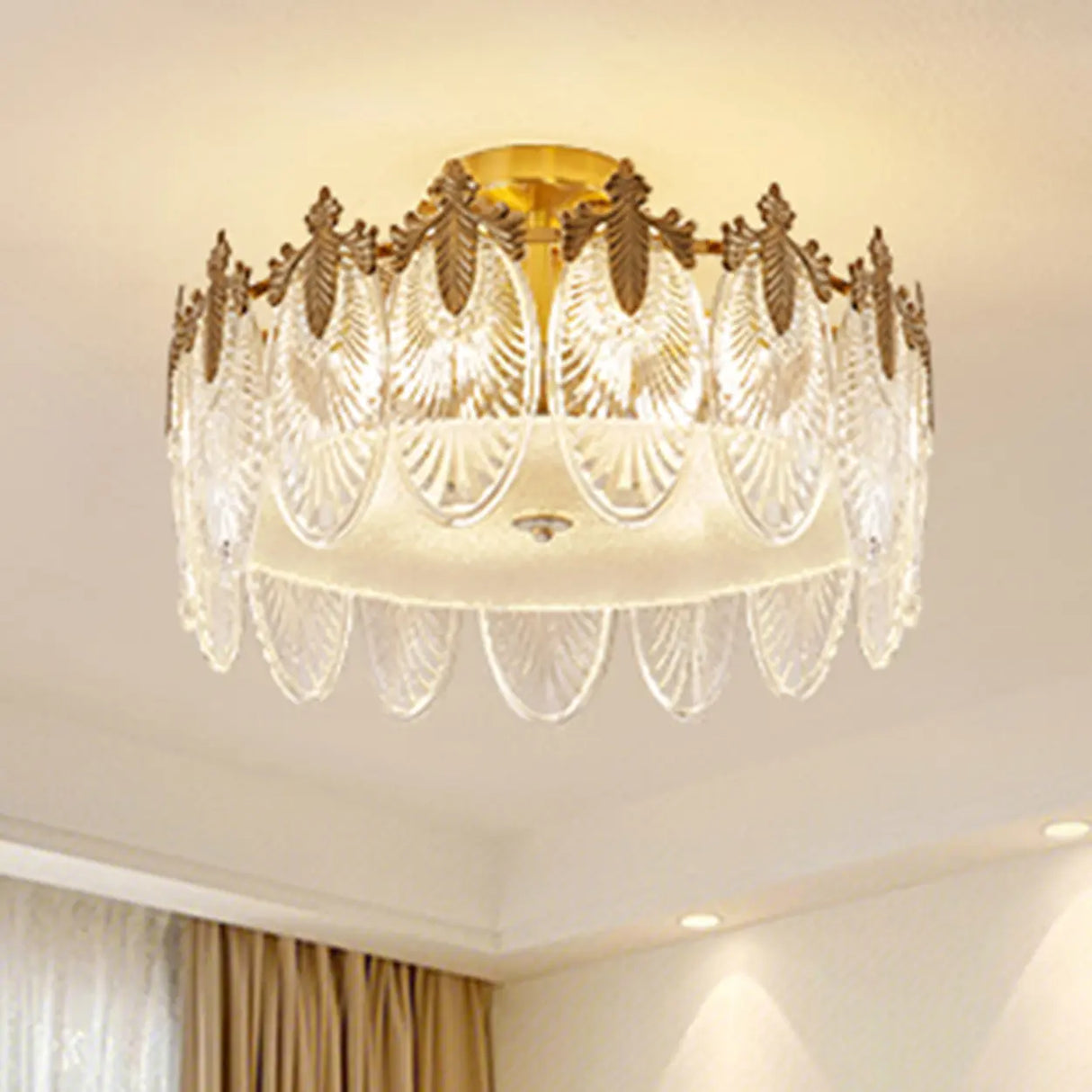 Bedroom Glass Leaf Gold Semi-Flush Mount Ceiling Light Image - 3