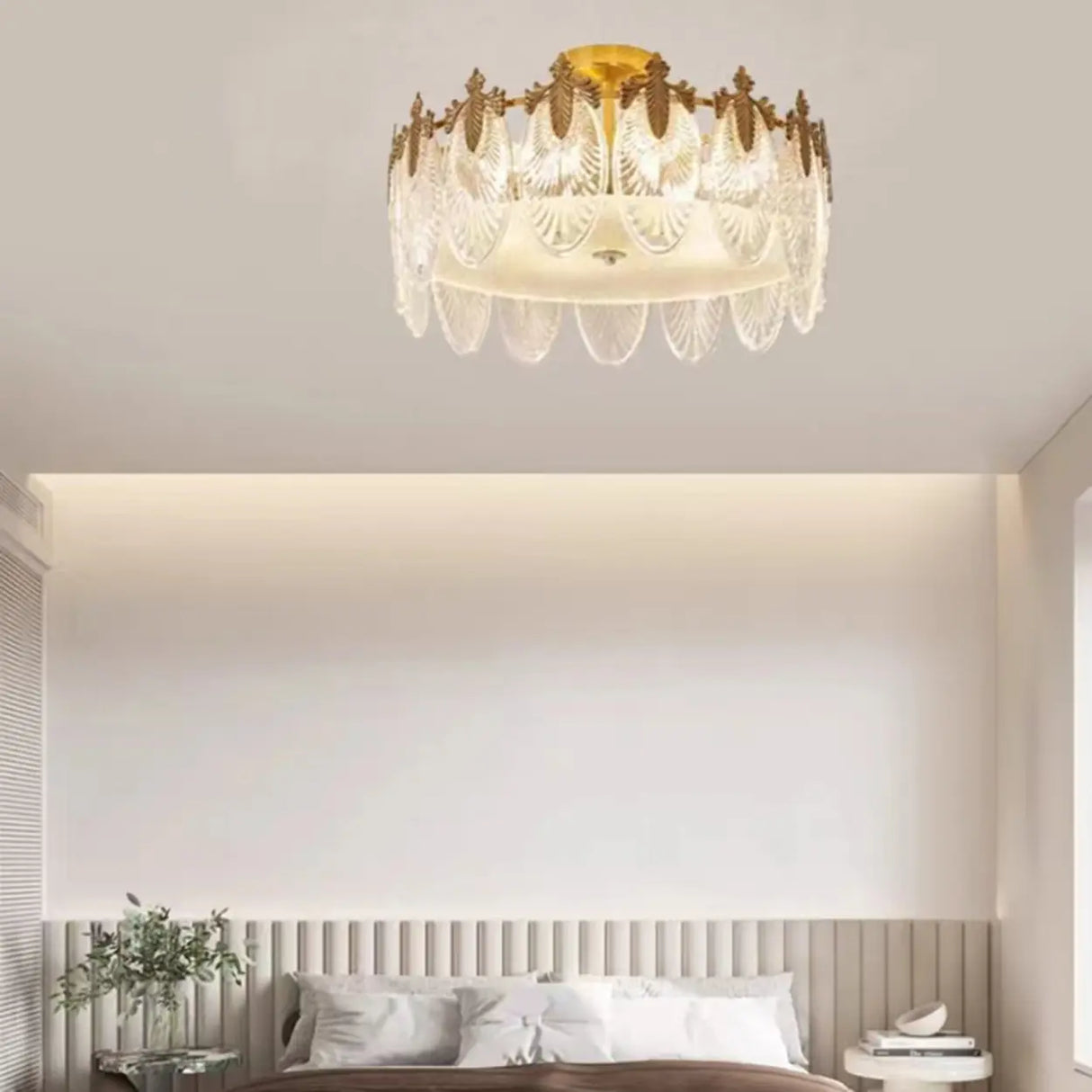 Bedroom Glass Leaf Gold Semi-Flush Mount Ceiling Light Image - 6