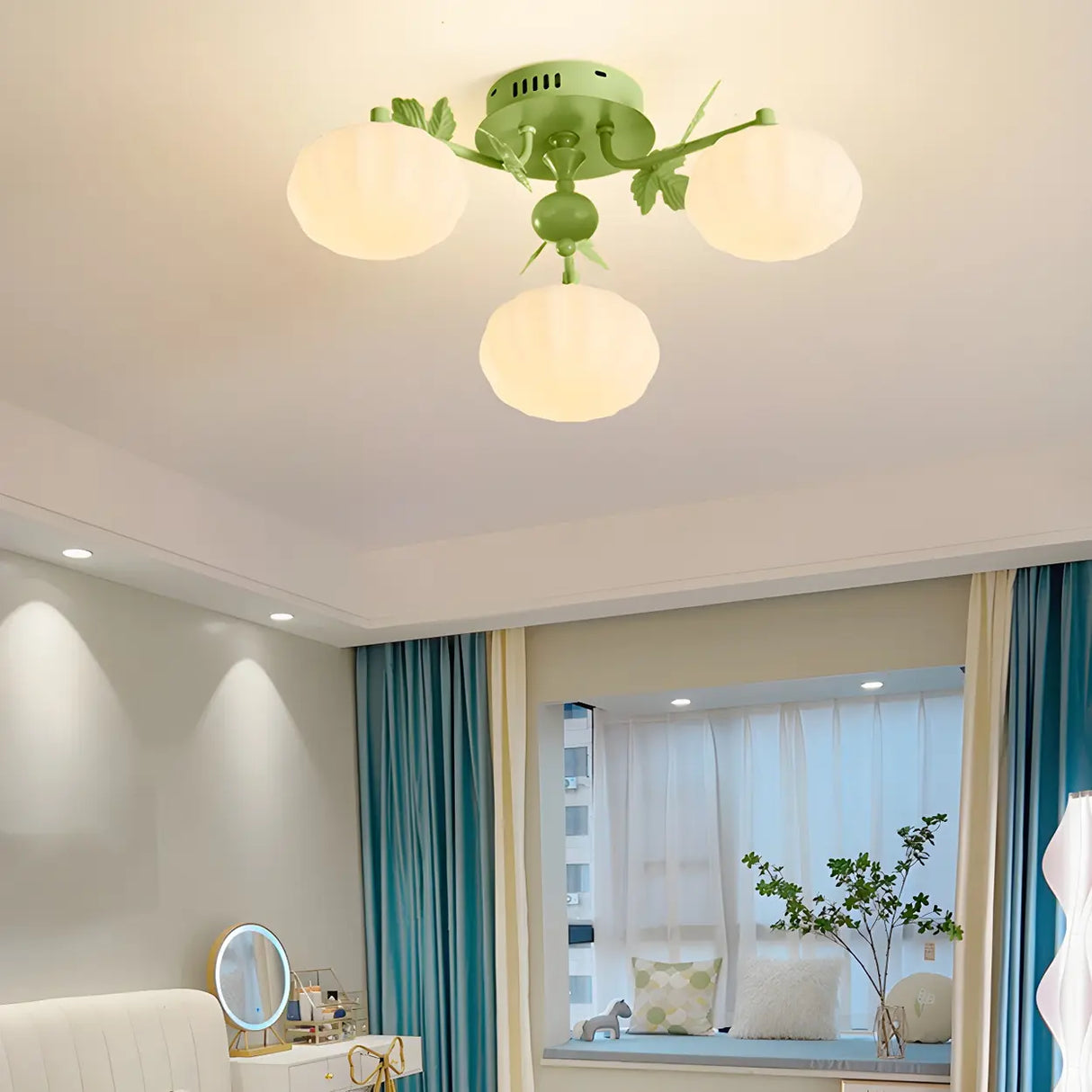 Bedroom Green Resin Flower Semi-Flush Mount Lamp 3-Head Image - 3