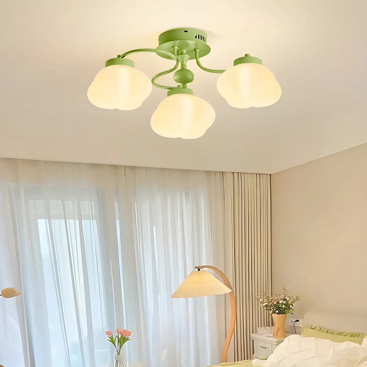 Bedroom Green Resin Flower Semi-Flush Mount Lamp 3-Head Image - 4