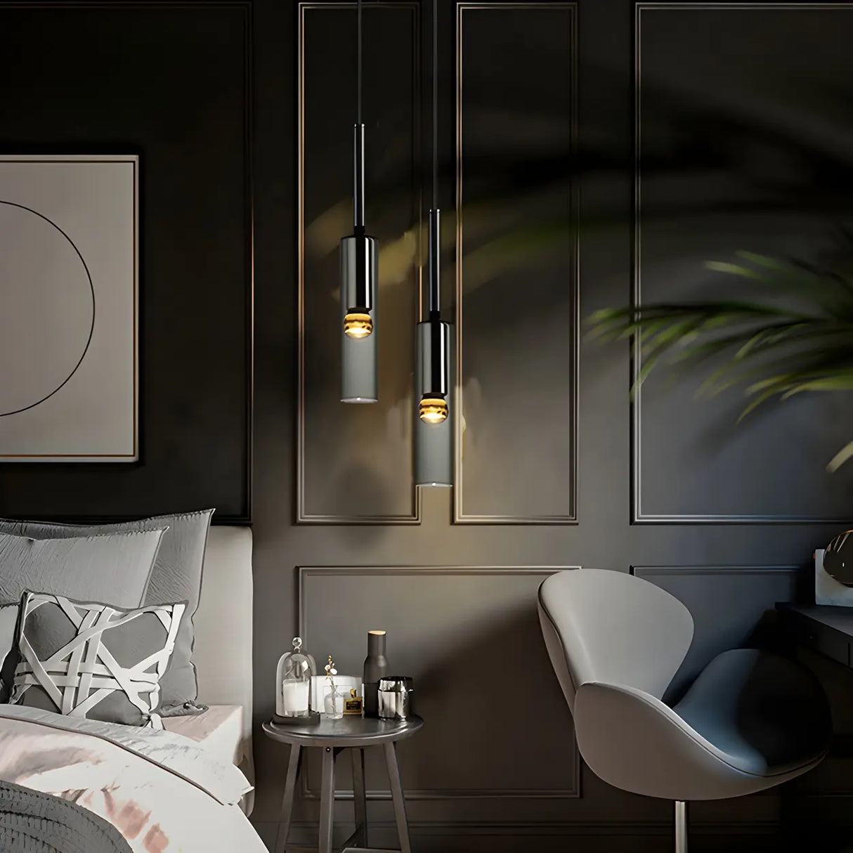Bedroom Grey Mirrored Glass Cylinder Pendant Light Image - 10
