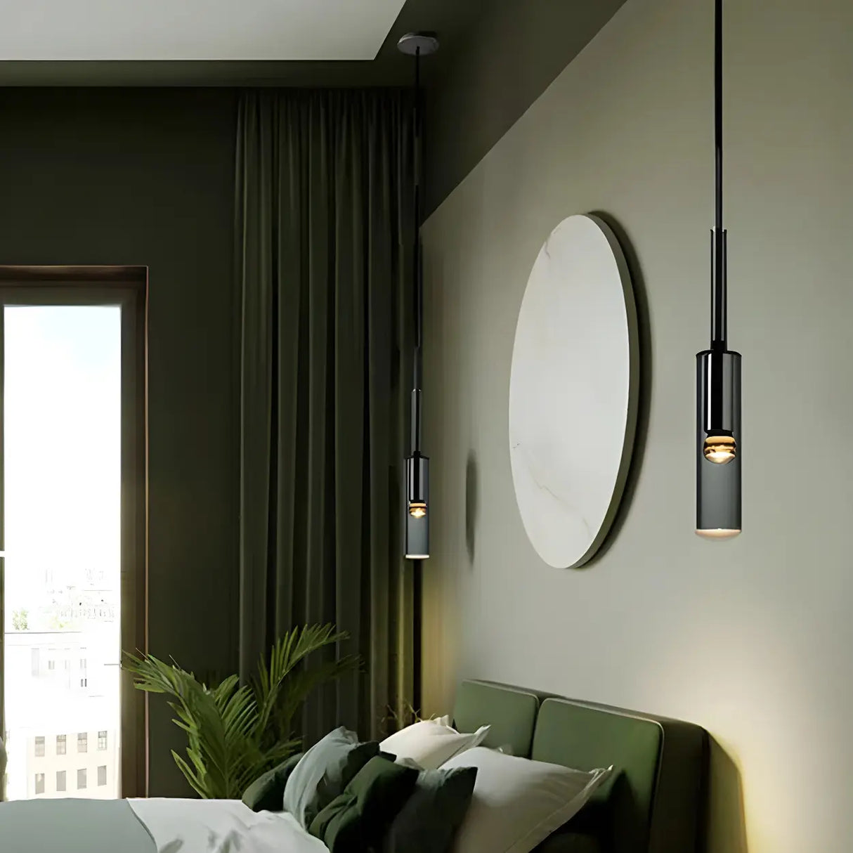 Bedroom Grey Mirrored Glass Cylinder Pendant Light Image - 11