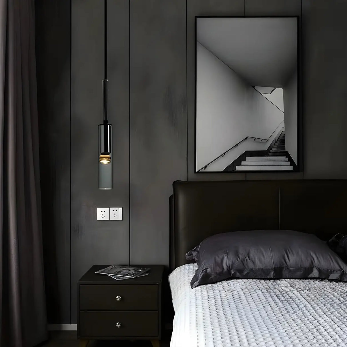 Bedroom Grey Mirrored Glass Cylinder Pendant Light Image - 3