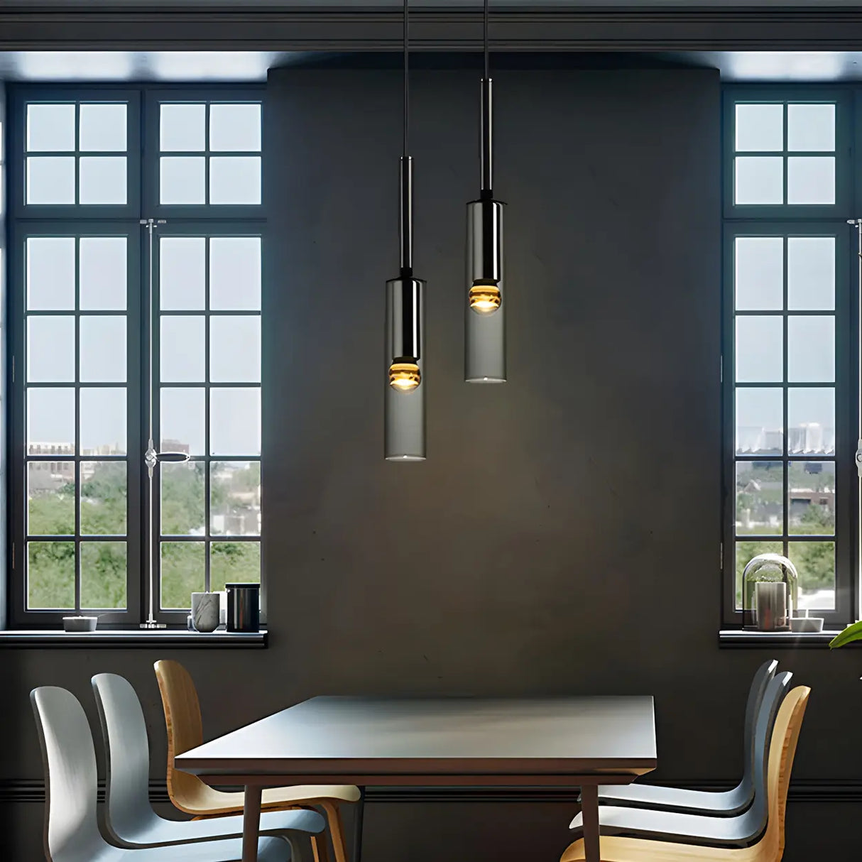Bedroom Grey Mirrored Glass Cylinder Pendant Light Image - 9