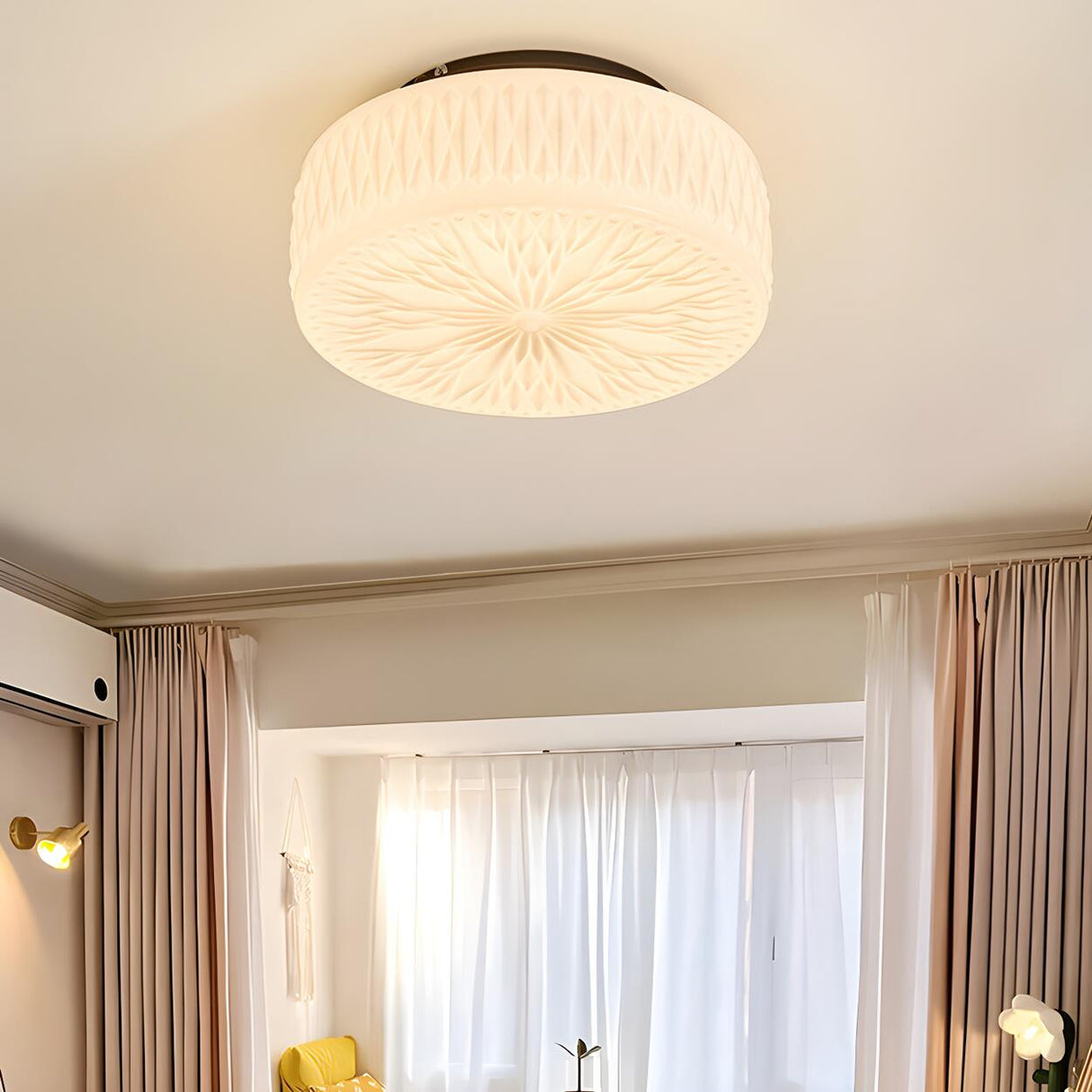 Bedroom Mini Cream Glass Drum Semi-Flush Mount Light Image - 2