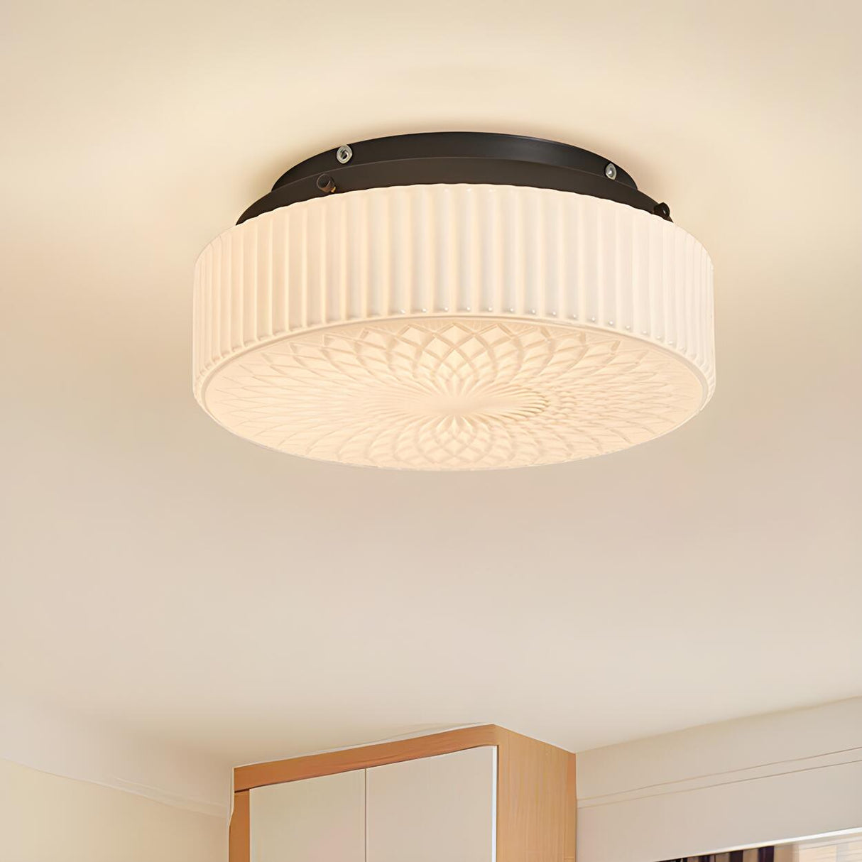 Bedroom Mini Cream Glass Drum Semi-Flush Mount Light Image - 8