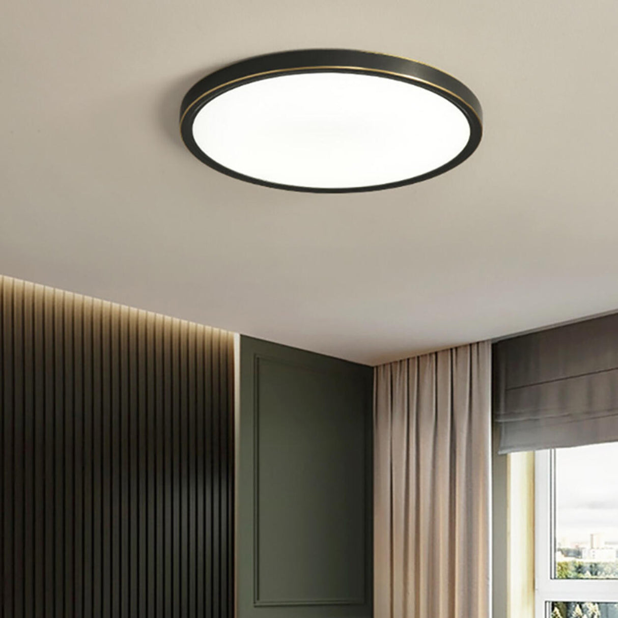 Bedroom Modish Black Round Flush Mount Ceiling Light Image - 2