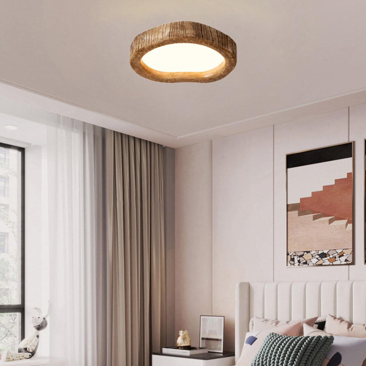 Bedroom Natural Brown Irregular Round Flush Mount Light Image - 7
