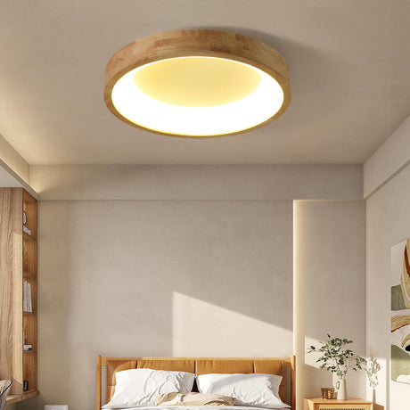 Bedroom Natural Wooden Round Flush Mount Ceiling Light Image - 1