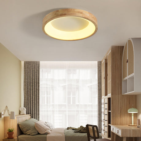 Bedroom Natural Wooden Round Flush Mount Ceiling Light Image - 2