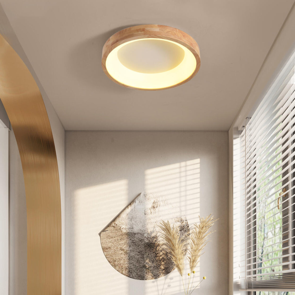 Bedroom Natural Wooden Round Flush Mount Ceiling Light Image - 3