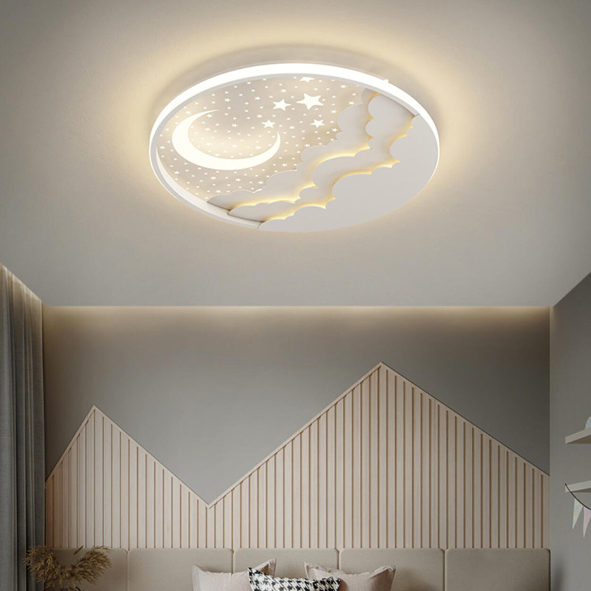 Bedroom Pink Starry Sky Moon Round LED Flush Mount Lamp Image - 2