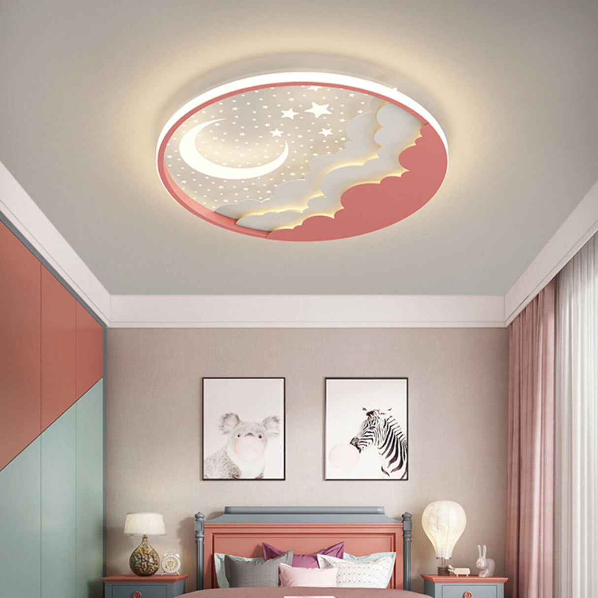 Bedroom Pink Starry Sky Moon Round LED Flush Mount Lamp Image - 3
