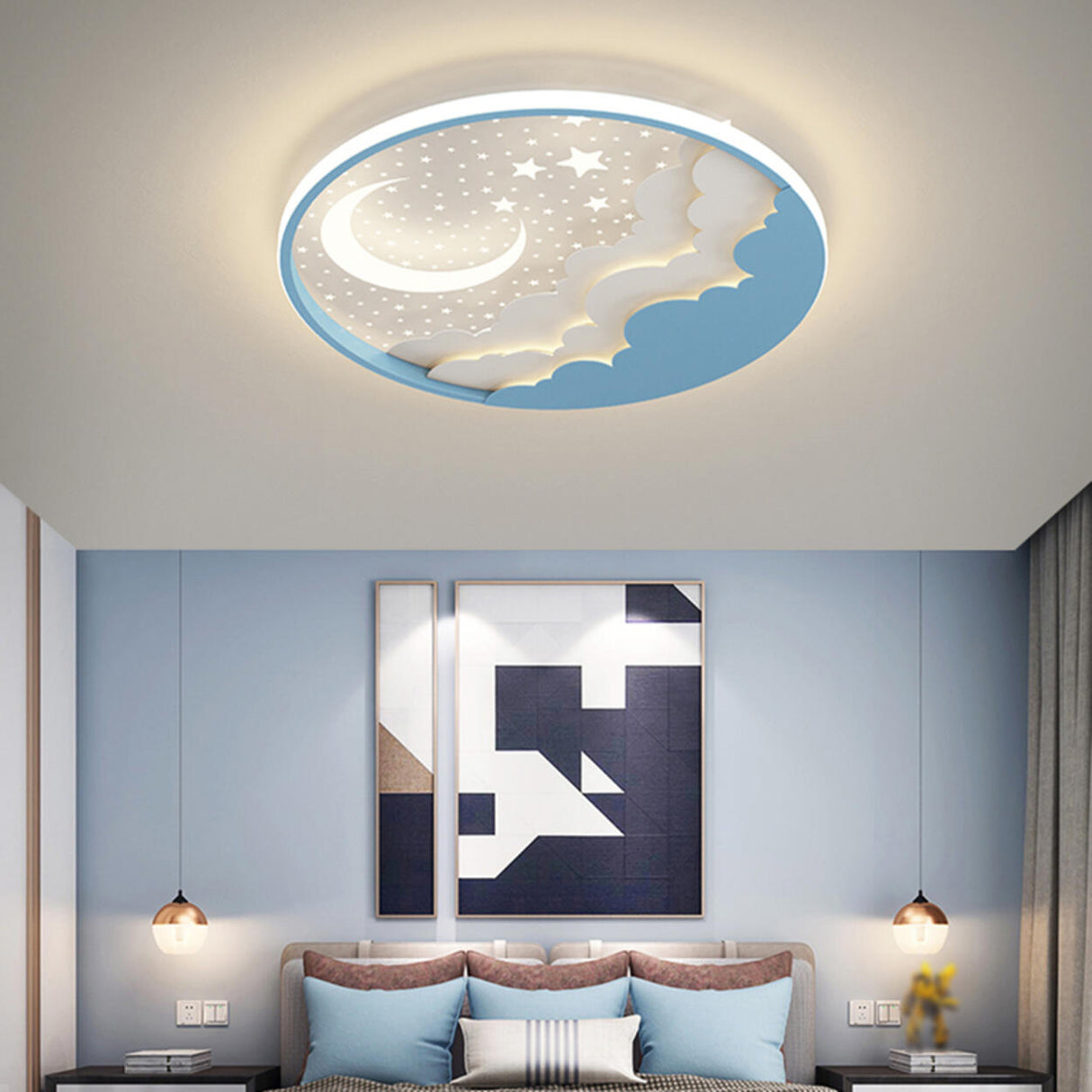 Bedroom Pink Starry Sky Moon Round LED Flush Mount Lamp Image - 4