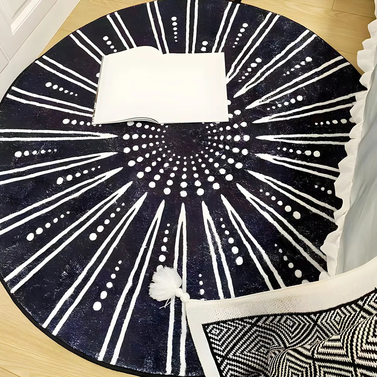 Bedroom Round Abstract Polyester White Area Rug Image - 17