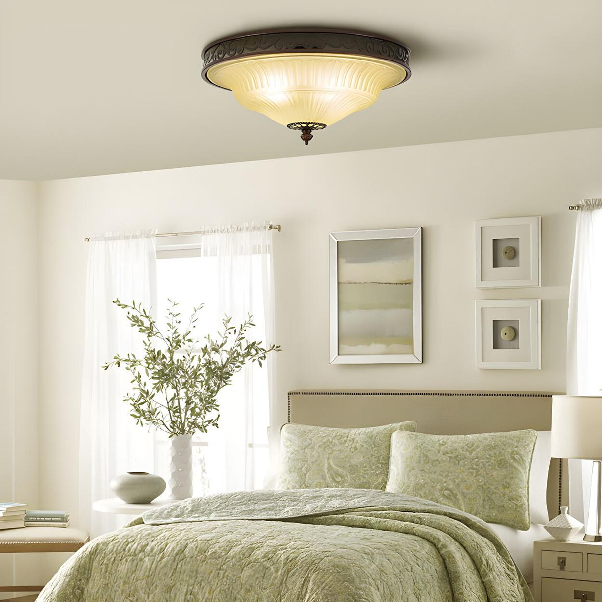 Bedroom Vintage Brown Bowl-Shaped Flush Mount Light Image - 4