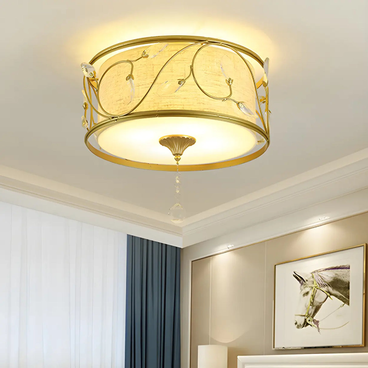 Bedroom Vintage Gold Fabric Drum Flush Mount Light Image - 1