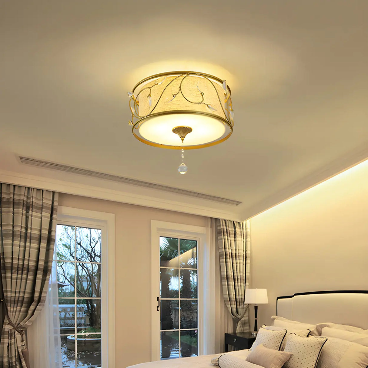 Bedroom Vintage Gold Fabric Drum Flush Mount Light Image - 2