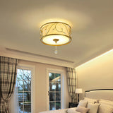 Bedroom Vintage Gold Fabric Drum Flush Mount Light Image - 2