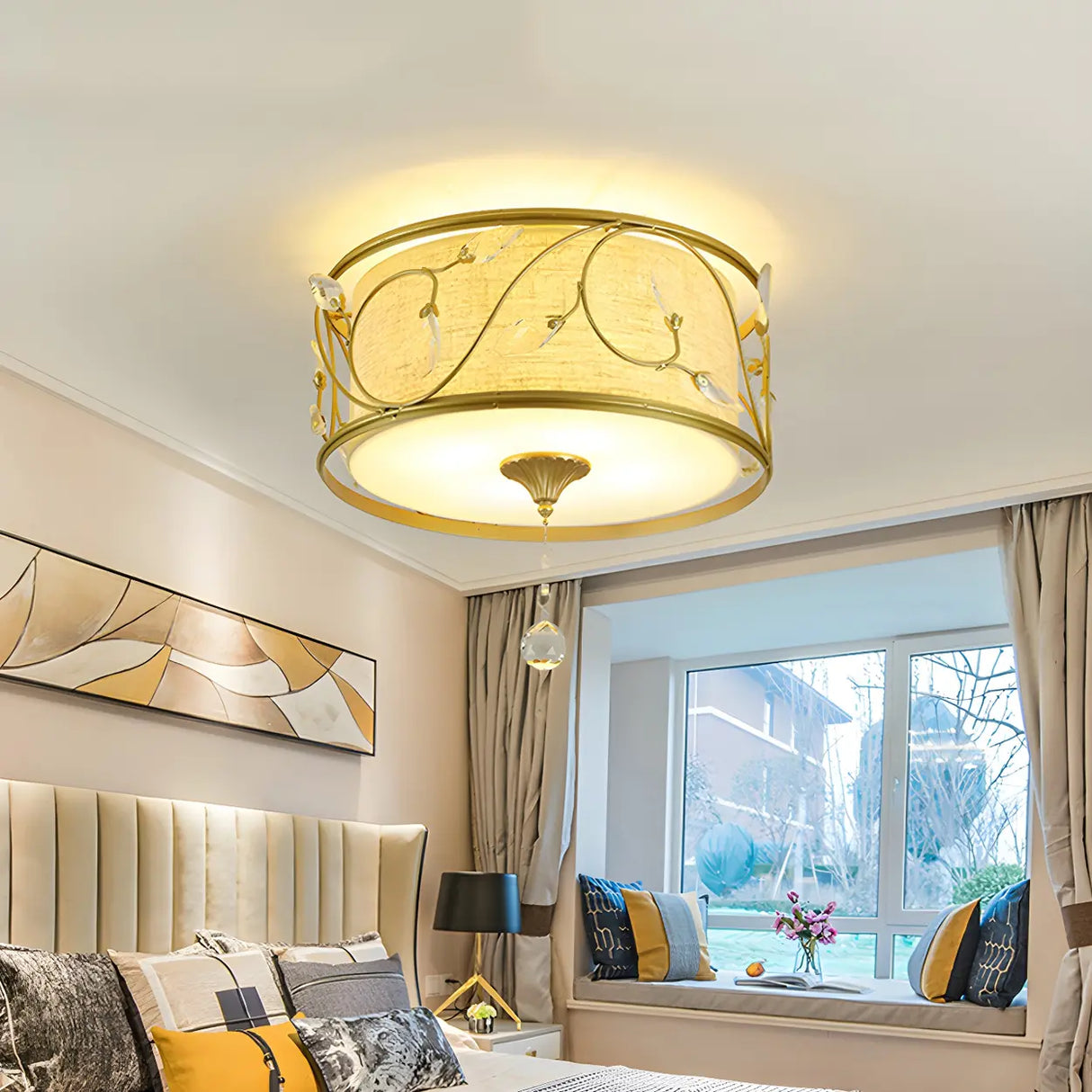 Bedroom Vintage Gold Fabric Drum Flush Mount Light Image - 3