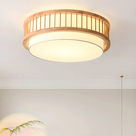 Bedroom Wooden Cylindrical Flush Mount Ceiling Light Image - 2