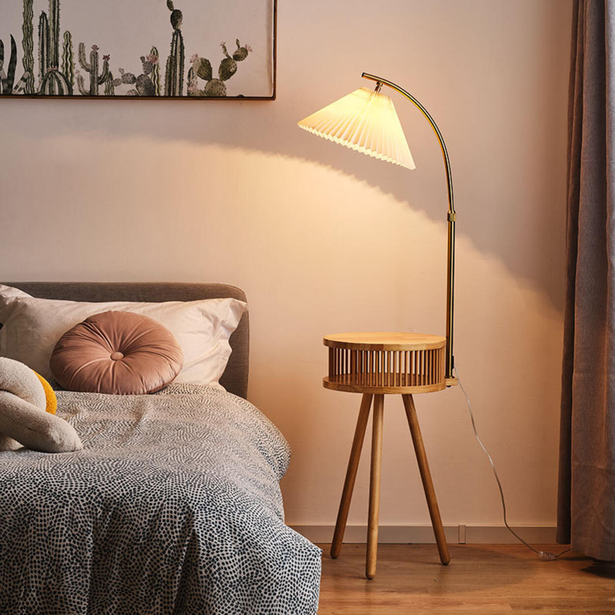 Bedside Cone Wooden Tripod Floor Lamp with Storage – Homebaa