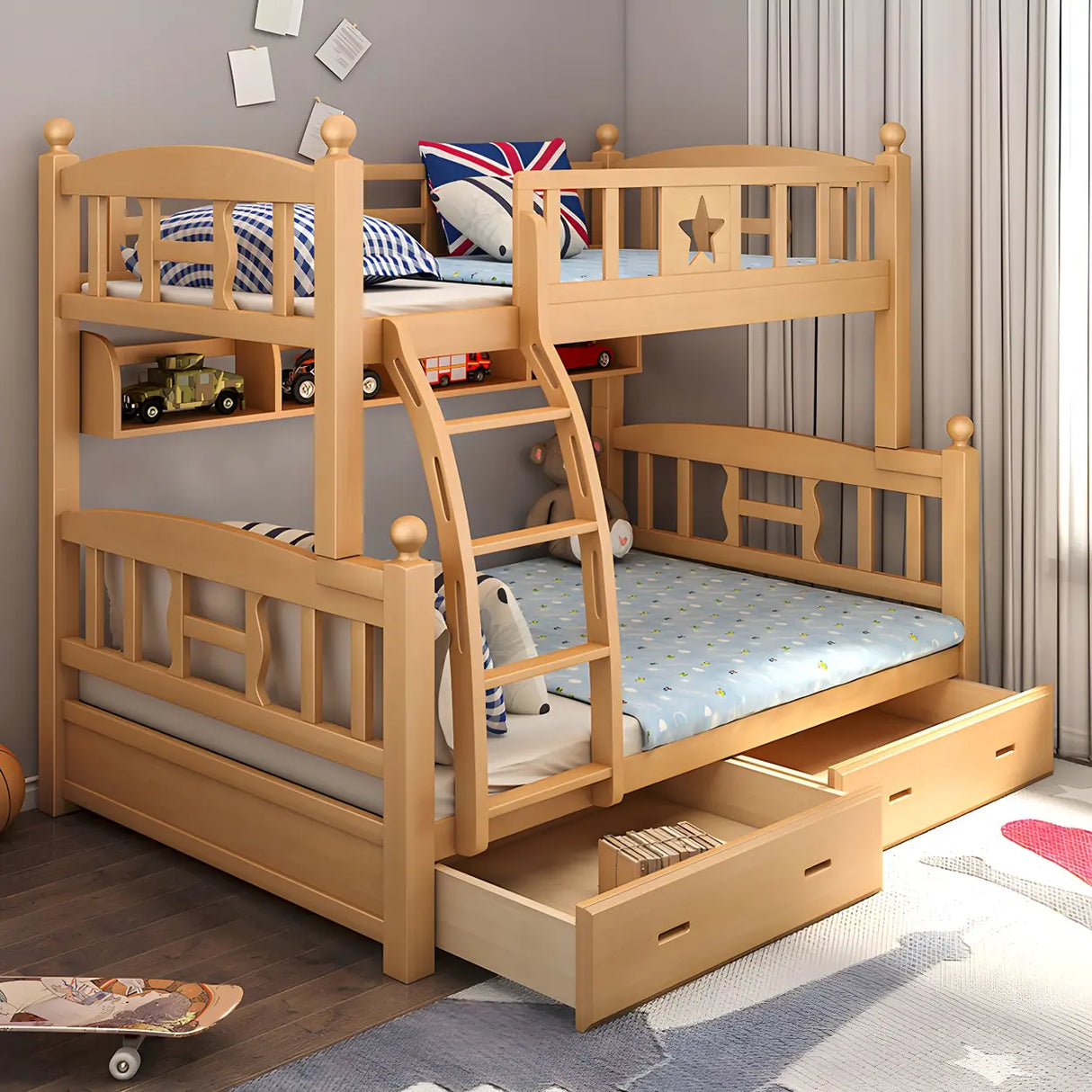 Beech Storage Drawers Bunk Bed with Guardrail and Stairs Image - 1
