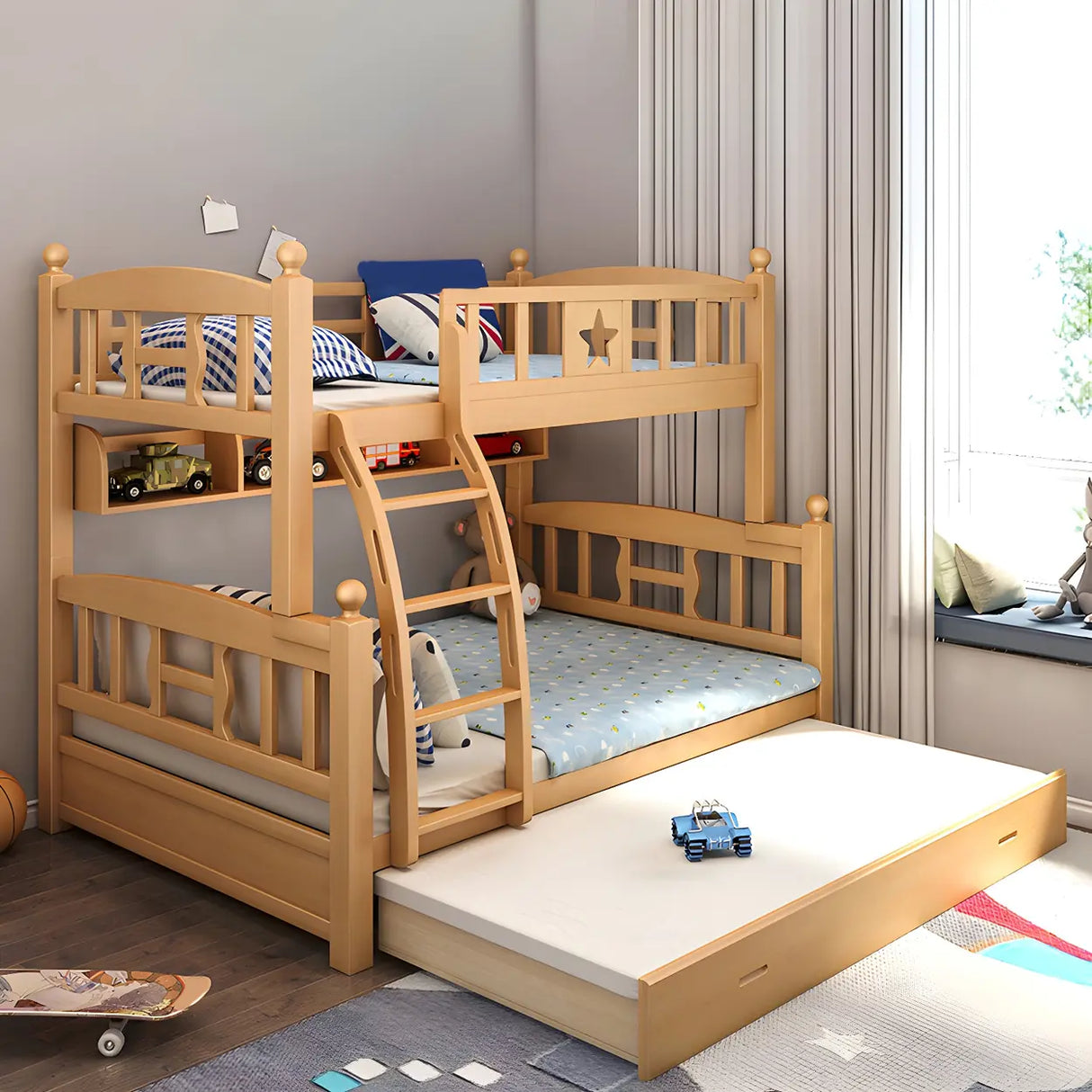 Beech Storage Drawers Bunk Bed with Guardrail and Stairs Image - 10