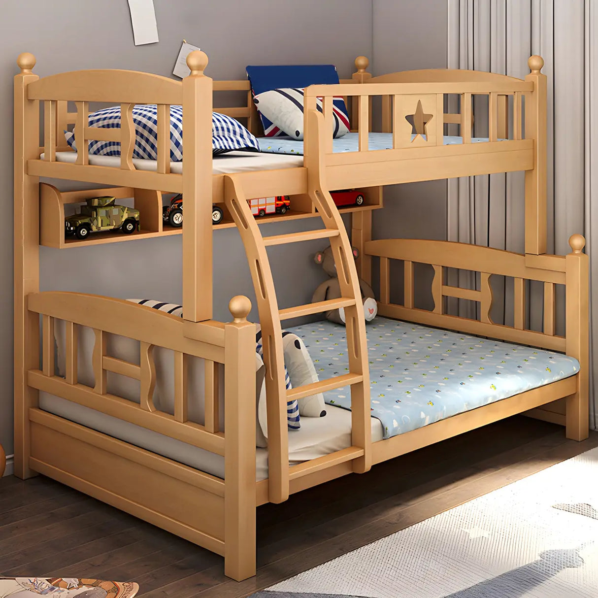 Beech Storage Drawers Bunk Bed with Guardrail and Stairs Image - 11