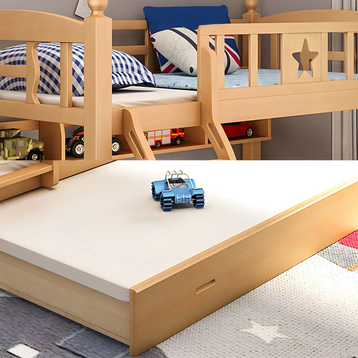 Beech Storage Drawers Bunk Bed with Guardrail and Stairs Image - 12