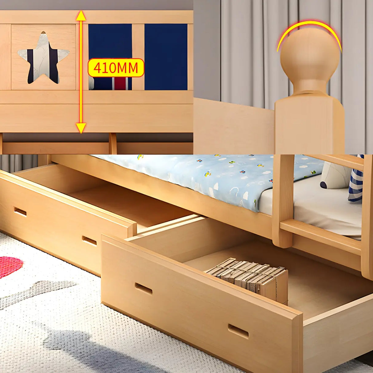 Beech Storage Drawers Bunk Bed with Guardrail and Stairs Image - 13