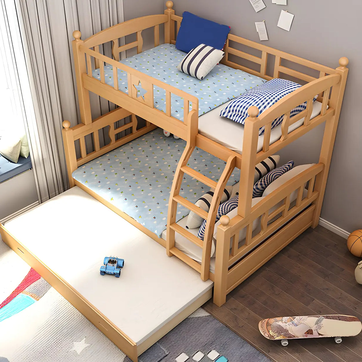 Beech Storage Drawers Bunk Bed with Guardrail and Stairs Image - 16