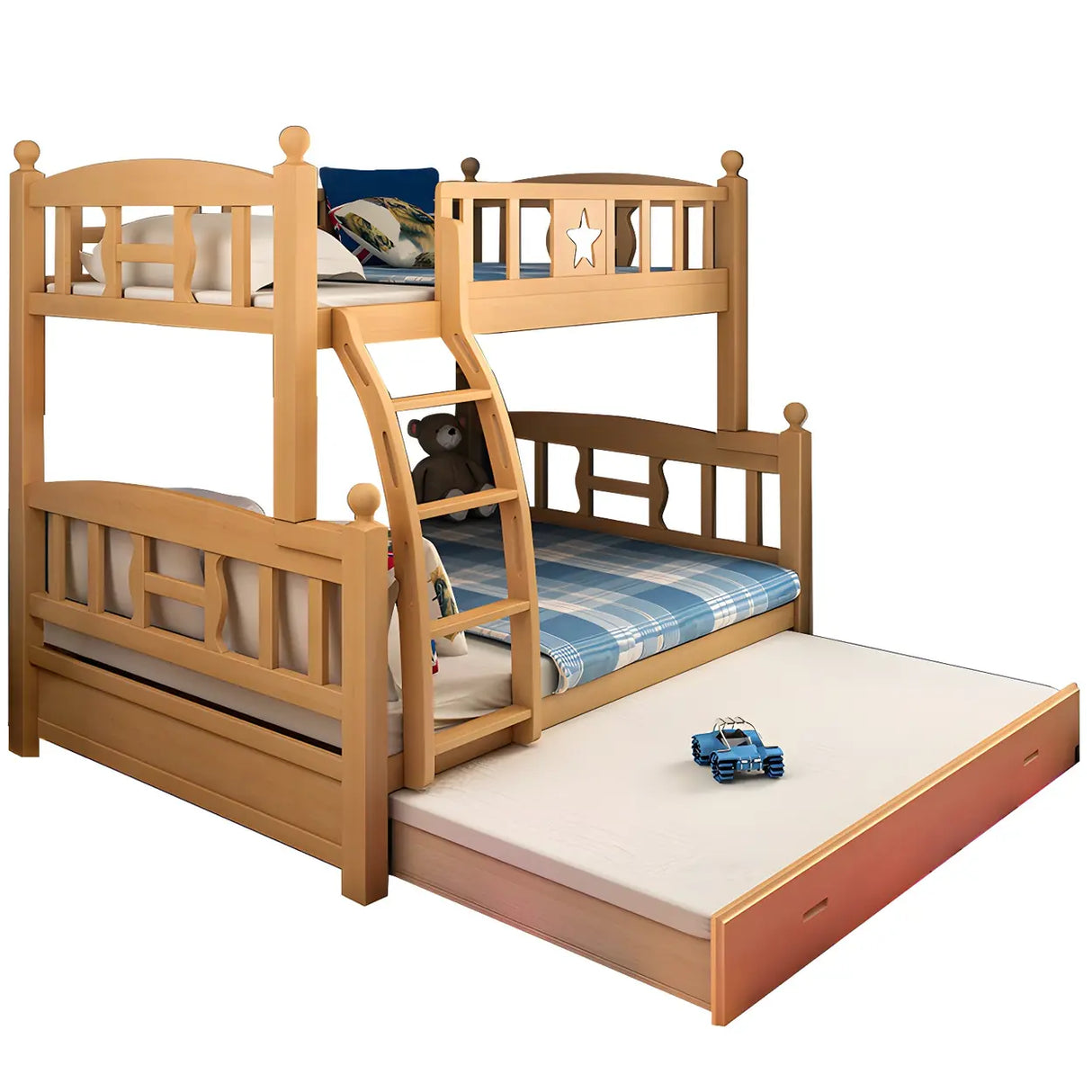 Beech Storage Drawers Bunk Bed with Guardrail and Stairs Image - 17